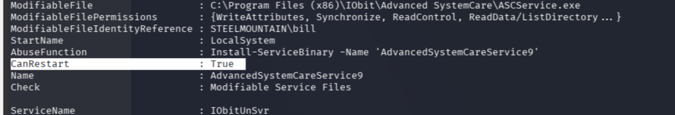 PowerUp output naming AdvancedSystemCareService9 as the vulnerable unquoted service path